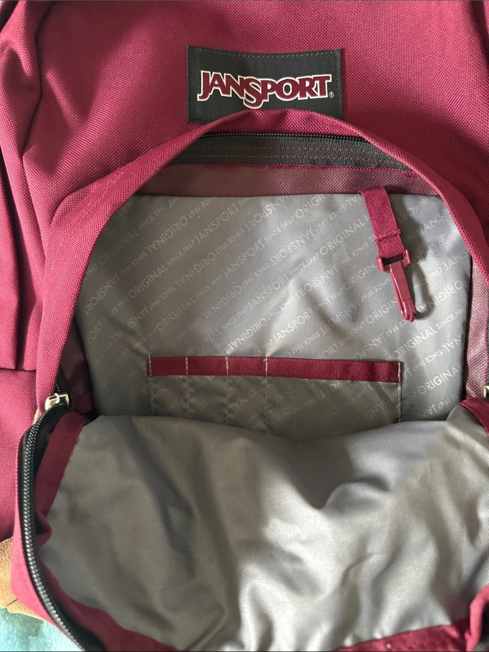 Jansport Maroon Backpack with Brown Suede Base